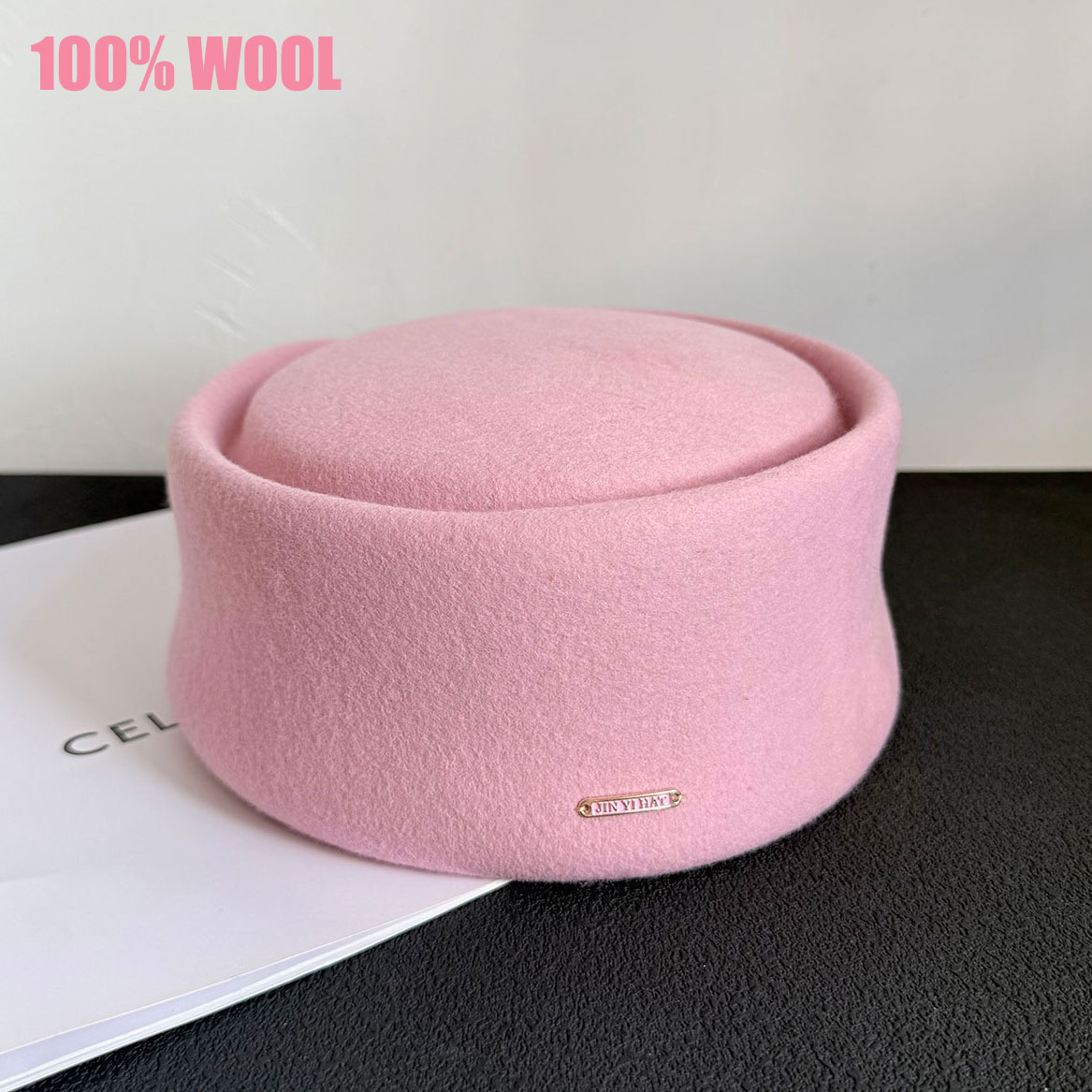 Beret French Wool - 秋冬新作 100% ピンク ブラック ウール製 薬箱型帽子
